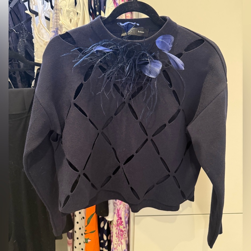 Proenza Schouler navy wool blend feather embellished sweater xs